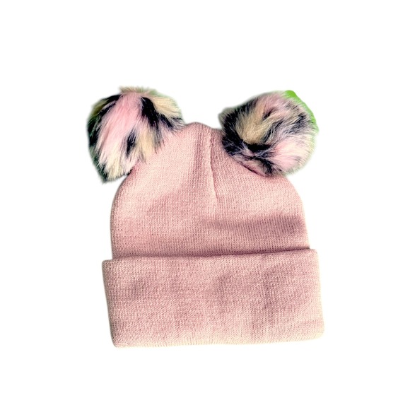 Pink Beanie Hat with Cat Ears and Faux Fur Pom Poms for Women kawaii vibes - Picture 2 of 2